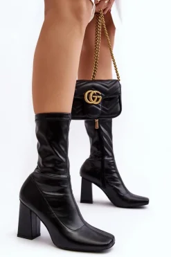 Hot Botki Damskie Na Słupku Z Kwadratowym Noskiem Czarne Glavina Damskie Botki Na Słupku|Botki Na Obcasie