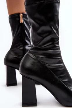 Hot Botki Damskie Na Słupku Z Kwadratowym Noskiem Czarne Glavina Damskie Botki Na Słupku|Botki Na Obcasie