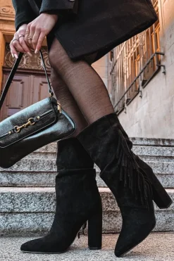 Hot Boto Botki Damskie Na Słupku Z Frędzlami I Marszczeniem Ocieplane Czarne Darlina Czarny