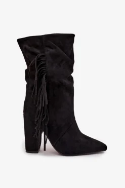 Hot Boto Botki Damskie Na Słupku Z Frędzlami I Marszczeniem Ocieplane Czarne Darlina Czarny