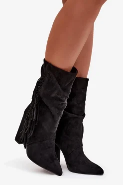 Hot Boto Botki Damskie Na Słupku Z Frędzlami I Marszczeniem Ocieplane Czarne Darlina Czarny