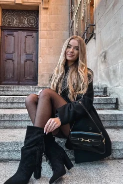 Hot Boto Botki Damskie Na Słupku Z Frędzlami I Marszczeniem Ocieplane Czarne Darlina Czarny