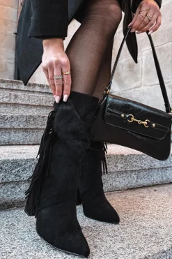 Hot Boto Botki Damskie Na Słupku Z Frędzlami I Marszczeniem Ocieplane Czarne Darlina Czarny