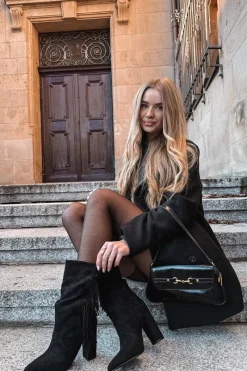 Hot Boto Botki Damskie Na Słupku Z Frędzlami I Marszczeniem Ocieplane Czarne Darlina Czarny