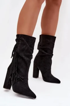 Hot Boto Botki Damskie Na Słupku Z Frędzlami I Marszczeniem Ocieplane Czarne Darlina Czarny