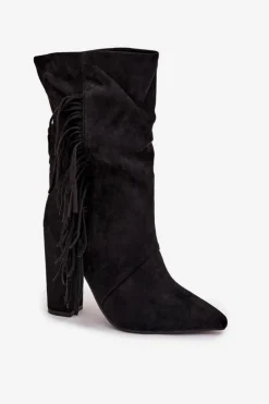 Hot Boto Botki Damskie Na Słupku Z Frędzlami I Marszczeniem Ocieplane Czarne Darlina Czarny