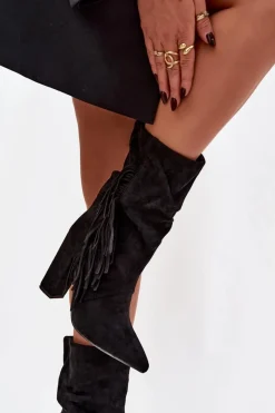 Hot Boto Botki Damskie Na Słupku Z Frędzlami I Marszczeniem Ocieplane Czarne Darlina Czarny