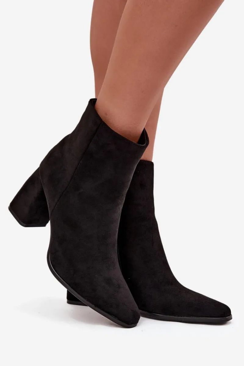 Outlet Botki Damskie Na Słupku Z Eko Zamszu Czarne Inessa Damskie Botki Na Słupku|Botki Na Obcasie