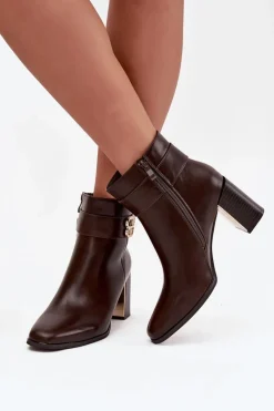 Online Botki Damskie Na Słupku Z Paskiem I Złotym Detalem Czekoladowe Galinne Damskie Botki Ocieplane|Botki Skórzane
