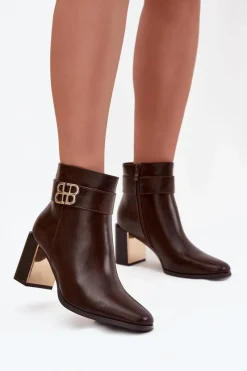 Online Botki Damskie Na Słupku Z Paskiem I Złotym Detalem Czekoladowe Galinne Damskie Botki Ocieplane|Botki Skórzane