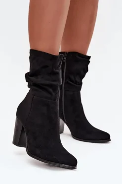 Online Botki Damskie Na Słupku Z Marszczeniem Czarne Jovessa Damskie Botki Na Słupku|Botki Zimowe Damskie