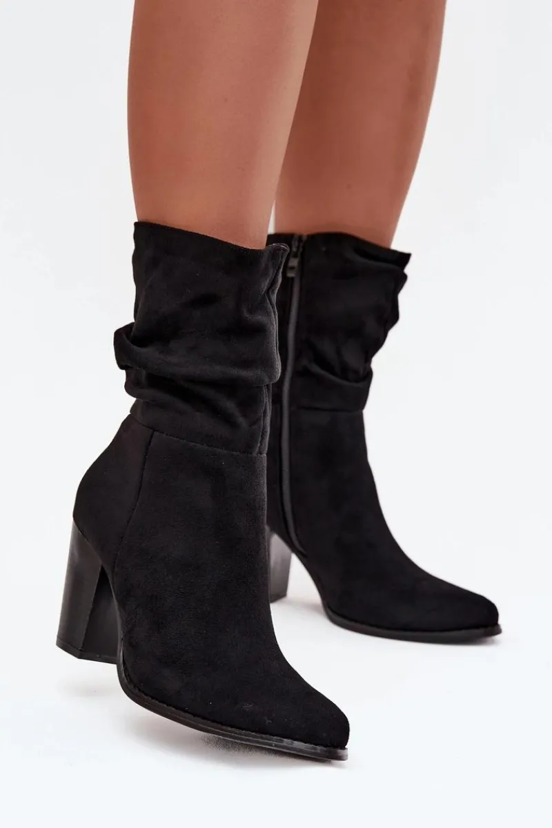 Online Botki Damskie Na Słupku Z Marszczeniem Czarne Jovessa Damskie Botki Na Słupku|Botki Zimowe Damskie