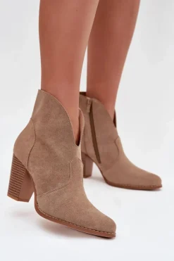 Boto Botki Damskie Na Słupku Z Eko Zamszu Beżowe Elvirae Beżowy
