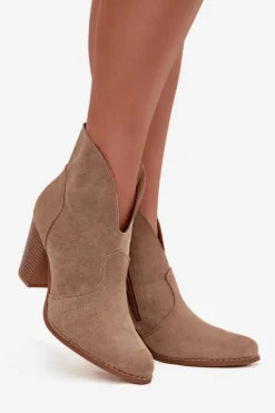 Boto Botki Damskie Na Słupku Z Eko Zamszu Beżowe Elvirae Beżowy