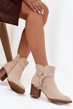 Sale Botki Damskie Na Słupku Z Frędzlami Jasnobeżowe Rosabella Damskie Botki Na Słupku|Botki Na Obcasie