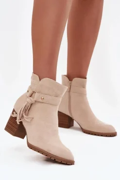 Sale Botki Damskie Na Słupku Z Frędzlami Jasnobeżowe Rosabella Damskie Botki Na Słupku|Botki Na Obcasie