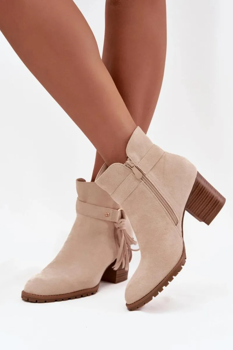 Sale Botki Damskie Na Słupku Z Frędzlami Jasnobeżowe Rosabella Damskie Botki Na Słupku|Botki Na Obcasie