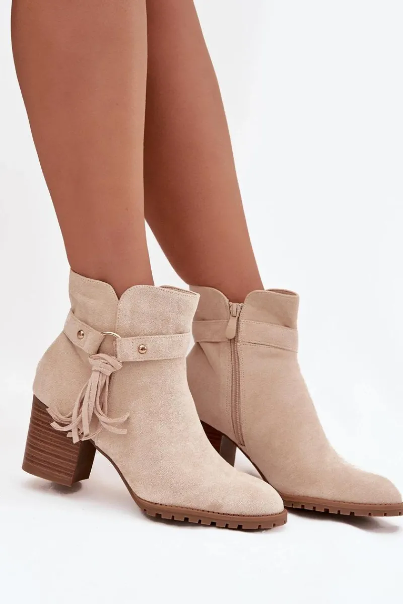 Sale Botki Damskie Na Słupku Z Frędzlami Jasnobeżowe Rosabella Damskie Botki Na Słupku|Botki Na Obcasie