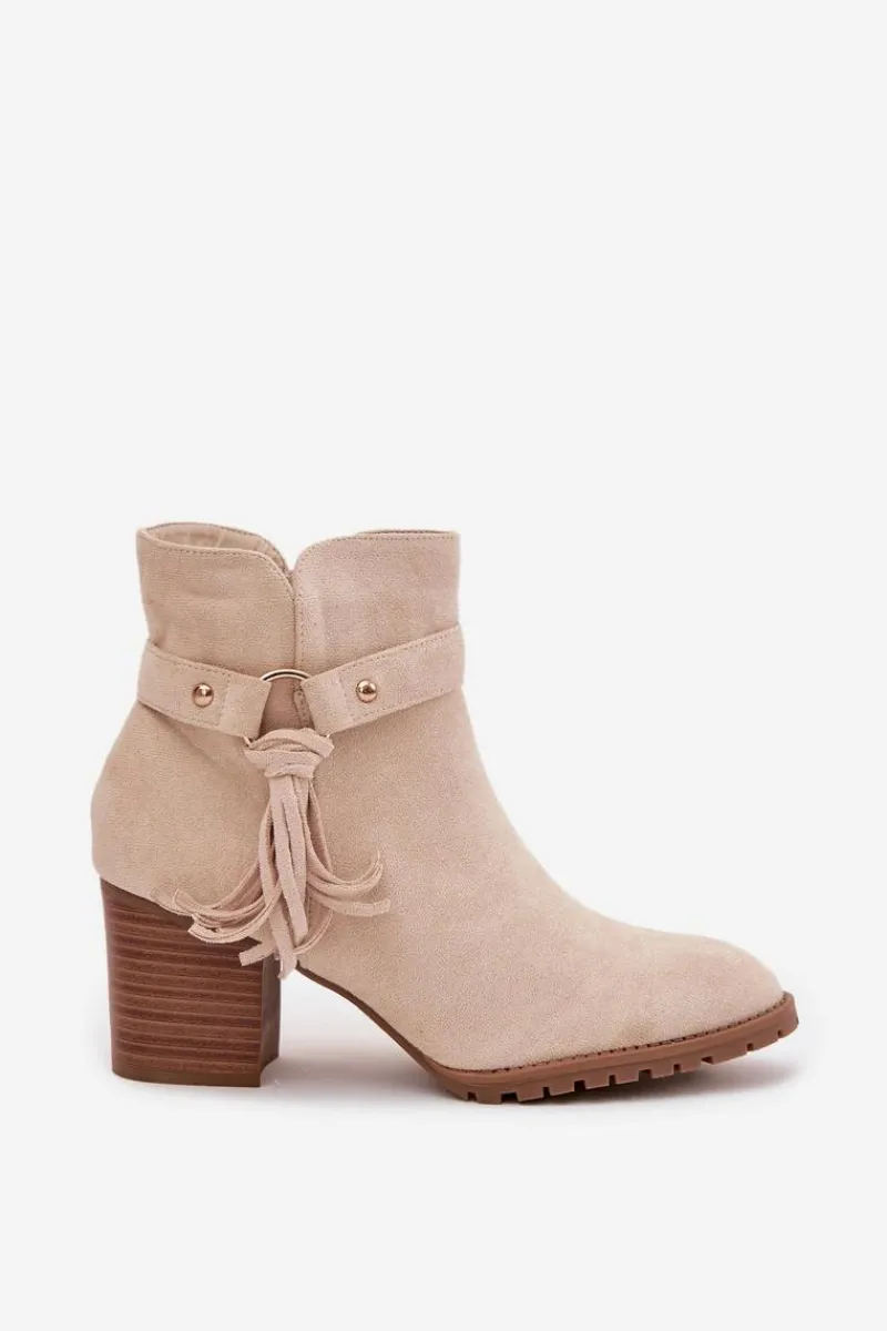 Sale Botki Damskie Na Słupku Z Frędzlami Jasnobeżowe Rosabella Damskie Botki Na Słupku|Botki Na Obcasie