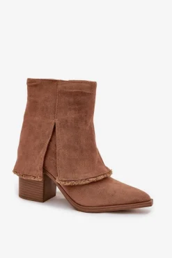 Online Botki Damskie Na Słupku Z Wywiniętą Cholewką Jasnobrązowe Idalia Damskie Botki Na Słupku|Botki Na Obcasie