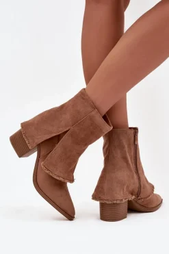 Online Botki Damskie Na Słupku Z Wywiniętą Cholewką Jasnobrązowe Idalia Damskie Botki Na Słupku|Botki Na Obcasie