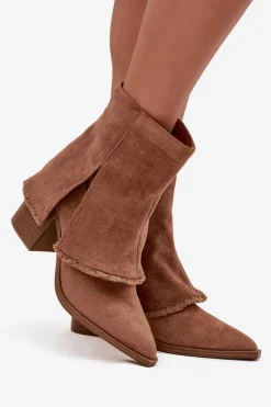 Online Botki Damskie Na Słupku Z Wywiniętą Cholewką Jasnobrązowe Idalia Damskie Botki Na Słupku|Botki Na Obcasie