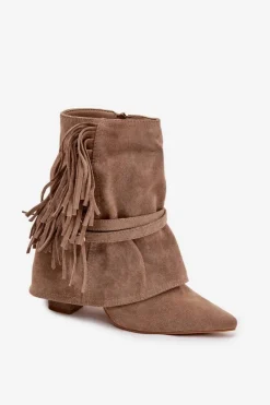 Sale Boto Botki Damskie Na Słupku Z Frędzlami I Złotymi Klamrami Beżowe Evelisse Beżowy