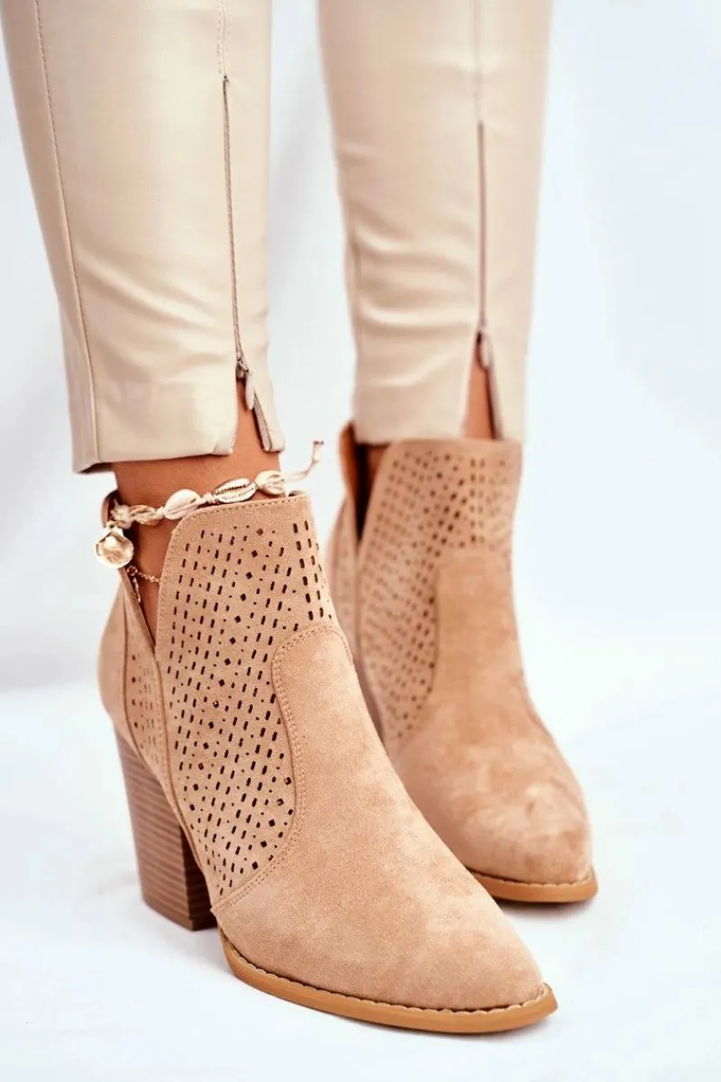 Discount Boto Botki Damskie Na Słupku Zamszowe Ażurowe Beżowe Shades