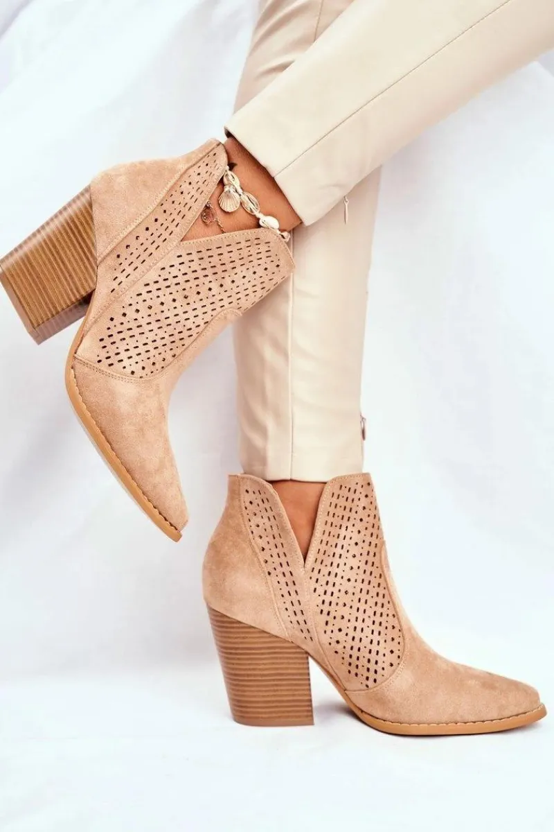 Discount Boto Botki Damskie Na Słupku Zamszowe Ażurowe Beżowe Shades