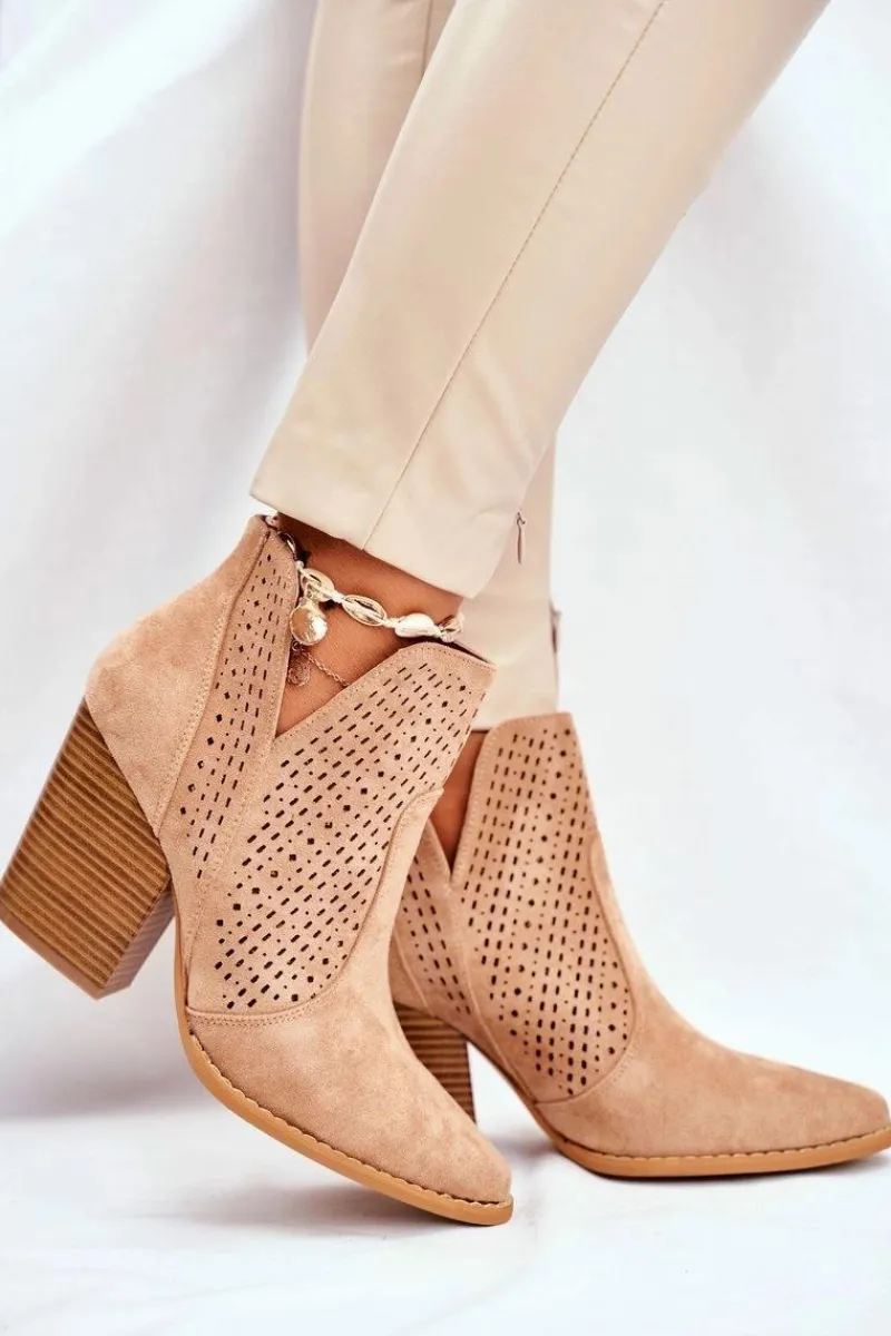 Discount Boto Botki Damskie Na Słupku Zamszowe Ażurowe Beżowe Shades