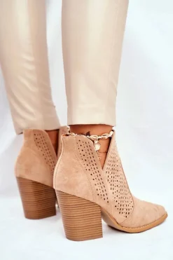 Discount Boto Botki Damskie Na Słupku Zamszowe Ażurowe Beżowe Shades