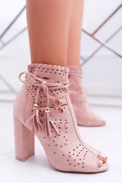 Outlet Botki Damskie Na Słupku Zamszowe Różowe Corinne Damskie Botki Na Słupku|Botki Zamszowe