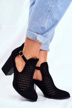 Sale Boto Botki Damskie Na Słupku Zamszowe Ażurowe Czarne Morrena