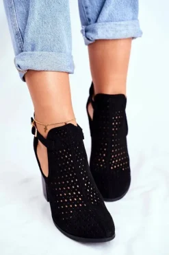 Sale Boto Botki Damskie Na Słupku Zamszowe Ażurowe Czarne Morrena
