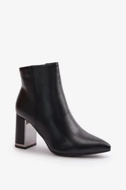 Outlet Botki Damskie Na Słupku Zapinane Na Zamek Ocieplane Eko Skórzane Czarne Mevair Damskie Botki Na Słupku|Botki Na Obcasie