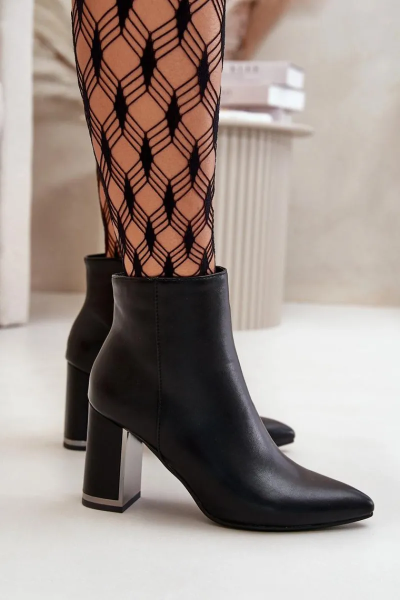 Outlet Botki Damskie Na Słupku Zapinane Na Zamek Ocieplane Eko Skórzane Czarne Mevair Damskie Botki Na Słupku|Botki Na Obcasie