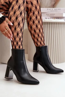 Outlet Botki Damskie Na Słupku Zapinane Na Zamek Ocieplane Eko Skórzane Czarne Mevair Damskie Botki Na Słupku|Botki Na Obcasie