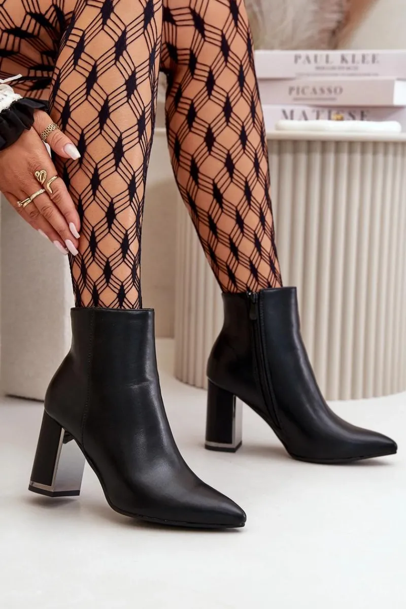 Outlet Botki Damskie Na Słupku Zapinane Na Zamek Ocieplane Eko Skórzane Czarne Mevair Damskie Botki Na Słupku|Botki Na Obcasie