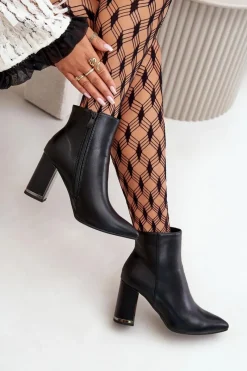 Outlet Botki Damskie Na Słupku Zapinane Na Zamek Ocieplane Eko Skórzane Czarne Mevair Damskie Botki Na Słupku|Botki Na Obcasie