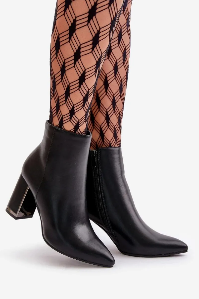 Outlet Botki Damskie Na Słupku Zapinane Na Zamek Ocieplane Eko Skórzane Czarne Mevair Damskie Botki Na Słupku|Botki Na Obcasie