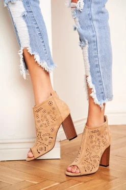 Hot Boto Botki Damskie Na Słupku Zamszowe Ażurowe Beżowe Papillon