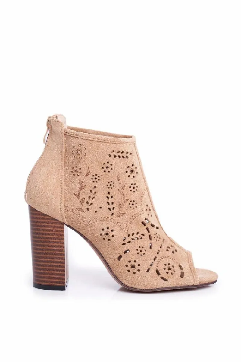 Hot Boto Botki Damskie Na Słupku Zamszowe Ażurowe Beżowe Papillon