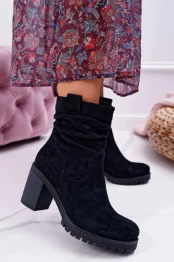 Outlet Boto Botki Damskie Na Słupku Zamsz Czarne Celma