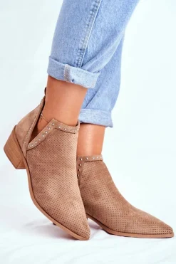 Discount Boto Botki Damskie Na Słupku Zamszowe Ażurowe Beżowe Margate