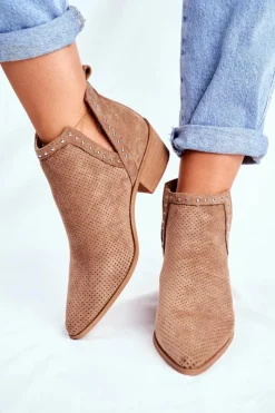 Discount Boto Botki Damskie Na Słupku Zamszowe Ażurowe Beżowe Margate