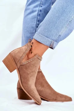 Discount Boto Botki Damskie Na Słupku Zamszowe Ażurowe Beżowe Margate