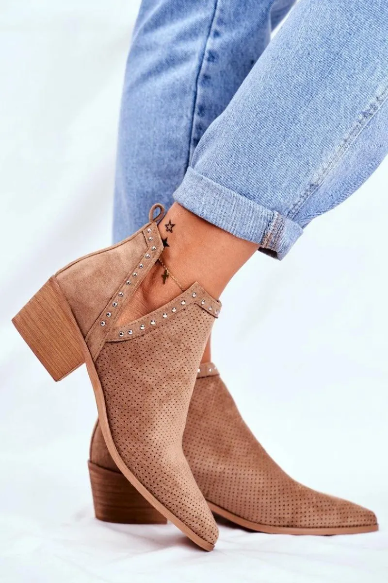 Discount Boto Botki Damskie Na Słupku Zamszowe Ażurowe Beżowe Margate