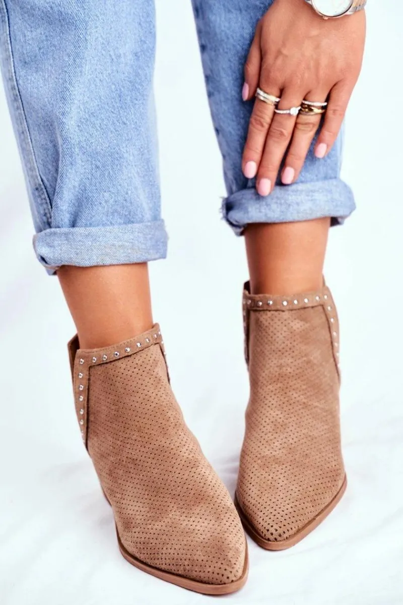 Discount Boto Botki Damskie Na Słupku Zamszowe Ażurowe Beżowe Margate