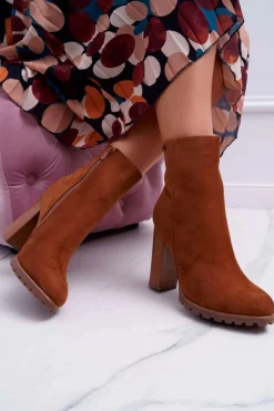 Discount Botki Damskie na Słupku Zamszowe Camel Cadillac Damskie Botki Na Słupku|Brązowe I Beżowe Botki