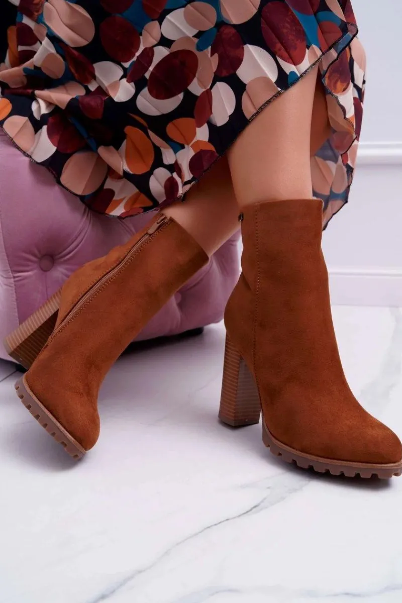 Discount Botki Damskie na Słupku Zamszowe Camel Cadillac Damskie Botki Na Słupku|Brązowe I Beżowe Botki